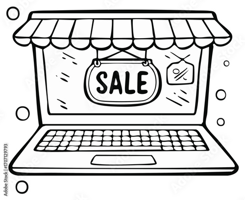 Laptop Computer with Shopping Awning and Sale Sign Shopping Online Discount