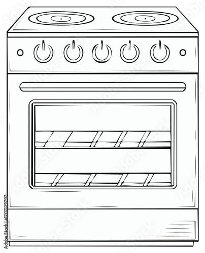 Detailed line art drawing of a kitchen stove with oven burners and control knobs household cooking appliance