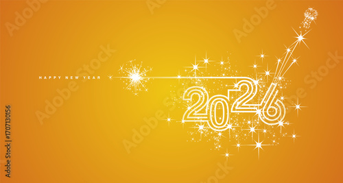 New year event 2026 compact white triple line design white sparkle firework champagne open new year eve white orange yellow vector wallpaper greeting card