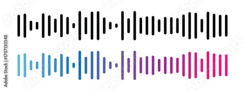 Gradient podcast sound wave visualization with blue purple pink frequency bars for audio interfaces. Dynamic waveform patterns for music streaming apps, recording software or media players in eps 10.