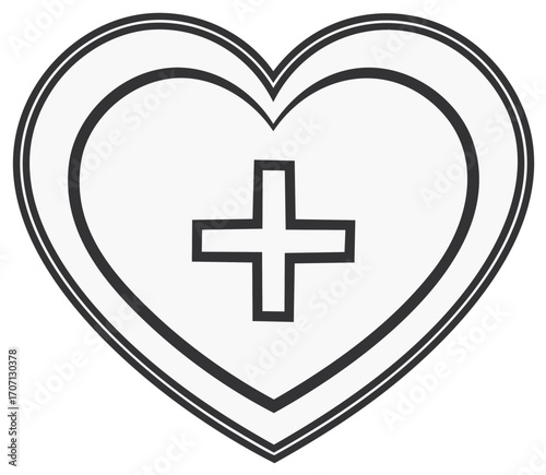 Heart with Cross Symbol. Medical Care and Charity Donation Concept. Black and White Icon Design