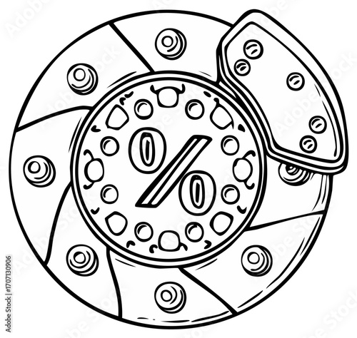 Automotive brake disc and caliper outline with a large percentage symbol discount illustration