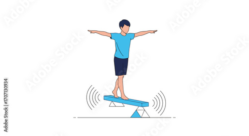 A young person stands with arms outstretched on a balance beam.