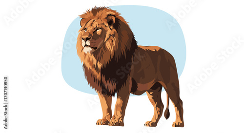 A majestic male lion with a full mane stands proudly on a plain.