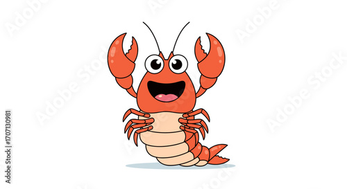 A happy cartoon lobster waving its claws and smiling widely.