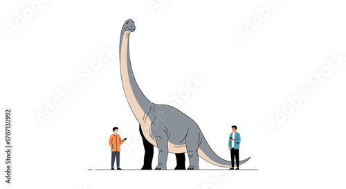 Gigantic prehistoric dinosaur standing tall with two tiny people observing it closely from the ground below.