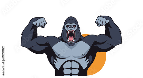 A powerful gorilla flexing its muscular arms with a fierce expression and an orange circle behind it.