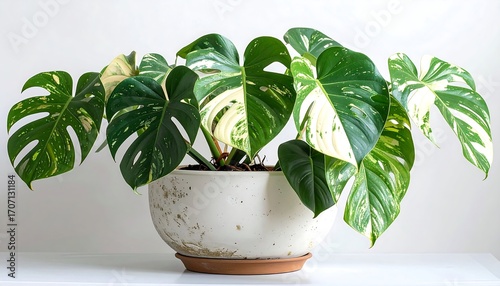 A lush, variegated Monstera plant with large, split leaves, potted in a speckled ceramic pot. Light green and white variegation adds visual interest