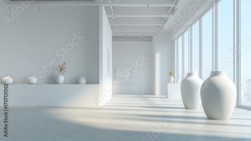 Minimalist  all-white gallery space with large windows and sunlit floors. Sculptures