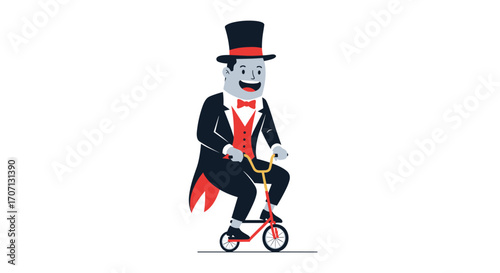 A friendly clown in a formal suit rides a tiny bicycle with a big smile on his face.