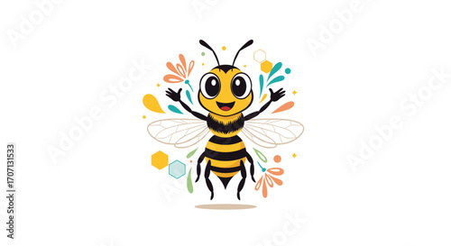 A cute cartoon bee with big eyes smiling and colorful floral elements around it.