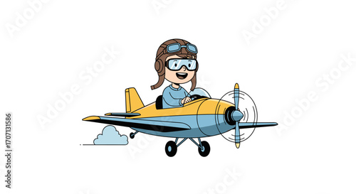 A cheerful young pilot wearing a vintage helmet and goggles enjoys flying a small yellow airplane through the sky with clouds.