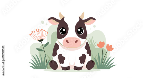 A cute cartoon cow sits in a field of wildflowers with a whimsical illustration style.