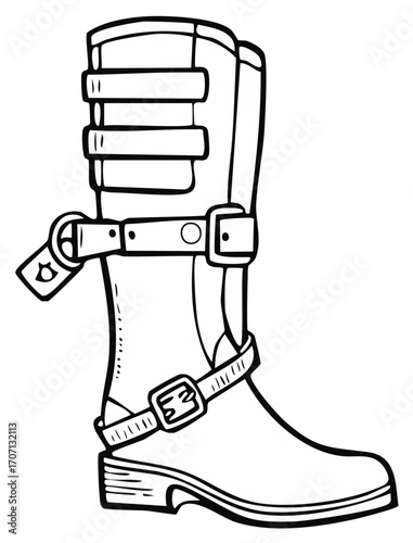 Fashionable knee-high black and white drawing of buckled boots with strap and heel for coloring book design.