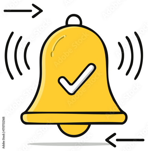 Alert bell icon with checkmark approval and notification arrows, signaling complete action.