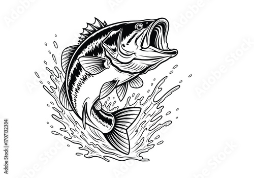 Illustration of black and white illustration of a fish jumping
