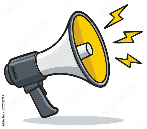 Illustration of a gray and white megaphone broadcasting yellow sound waves