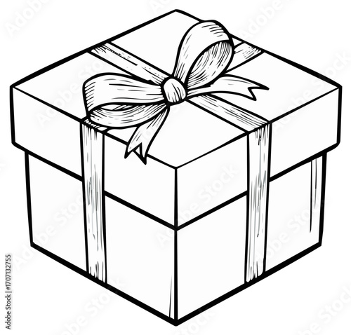 Hand drawn gift box with tied bow and ribbon, sketch style illustration.