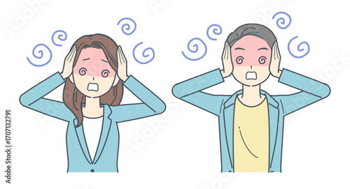 頭を抱えて混乱するジャケットを着た男性と女性のイラスト