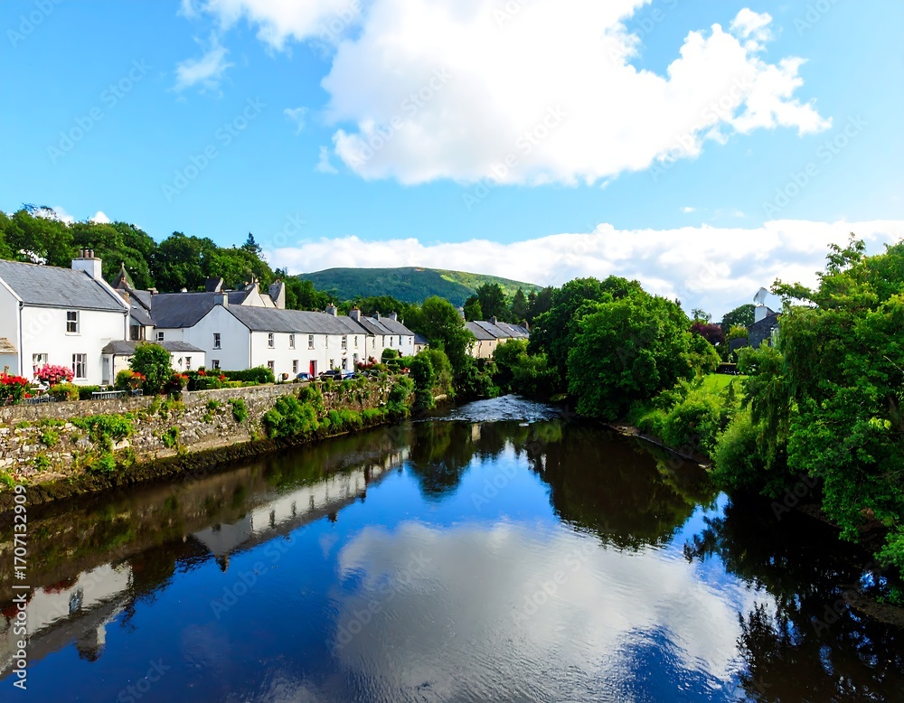 Obraz premium Picturesque village by a river under a blue sky