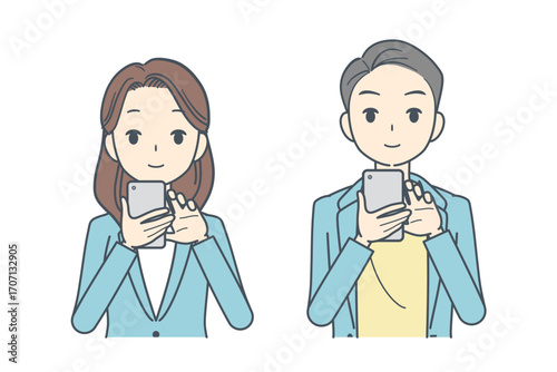 スマホを操作するジャケットを着た男性と女性のイラスト