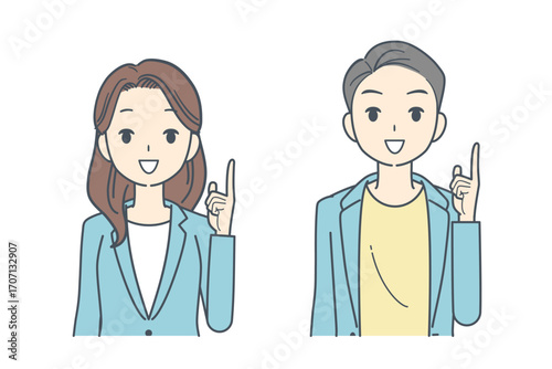 上に指をさすジャケットを着た男性と女性のイラスト