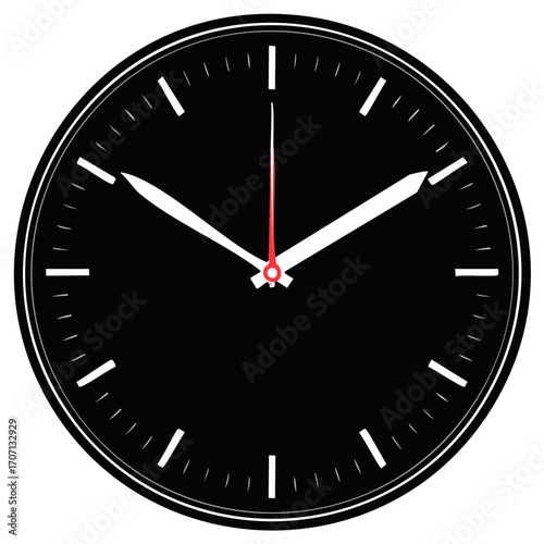 Black minimalist analog clock face with white hands vector illustration