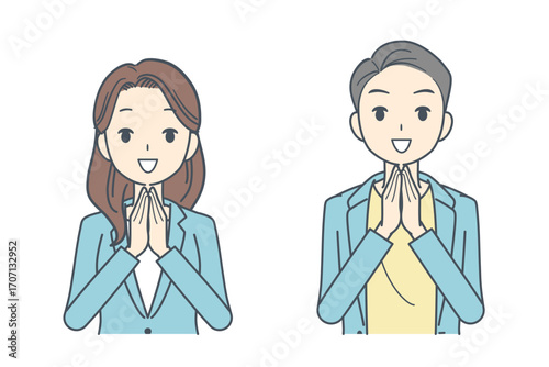 手を合わせるジャケットを着た男性と女性のイラスト