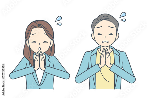 手を合わせて謝罪するジャケットを着た男性と女性のイラスト