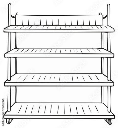 Outline Illustration of Four-Tier Wooden Display Stand with Slatted Shelves