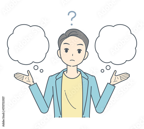 疑問符と共に考え込むジャケットを着た男性のイラスト