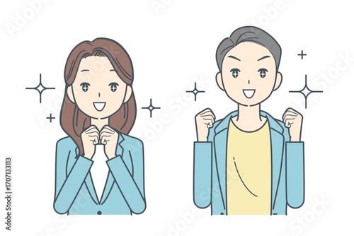 目を輝かせて興奮したジャケットを着た男性と女性のイラスト