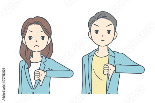 親指を下げて否定するジャケットを着た男性と女性のイラスト