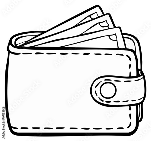 Black and white illustration of a leather wallet with cash peeking out