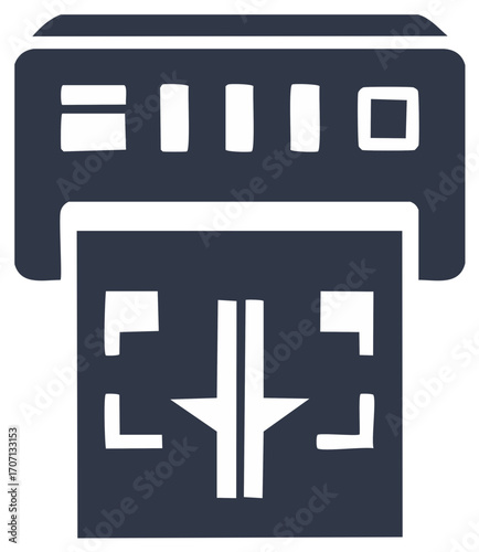 Printer ejecting paper with abstract graphic elements and control panel indicators