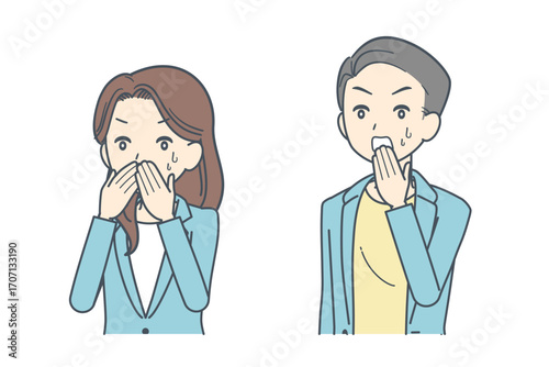 驚いて口を覆うジャケットを着た男性と女性のイラスト