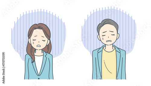 悲しそうに俯くジャケットを着た男性と女性のイラスト