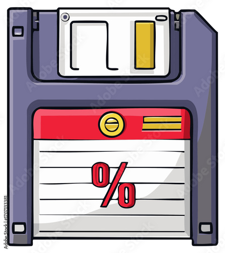 Cartoon floppy disk illustration showcasing a percentage symbol, representing digital storage discounts or financial technology.