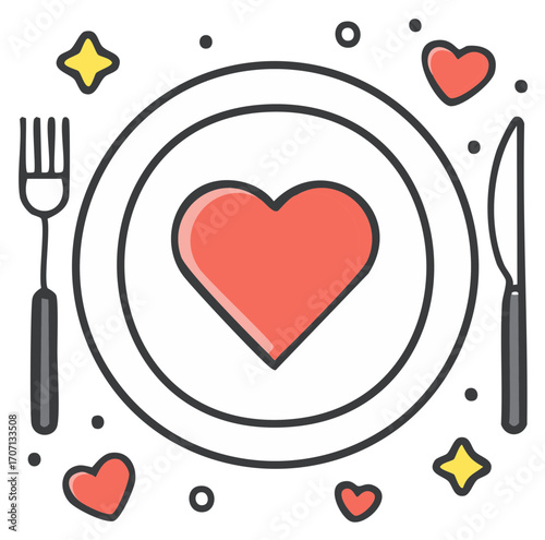 Romantic meal concept with a heart on a dinner plate flanked by a fork and knife icon