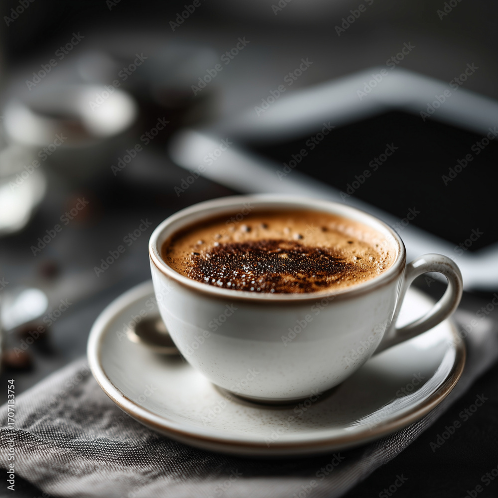 Fototapeta premium cup of coffee on table with digital tablet