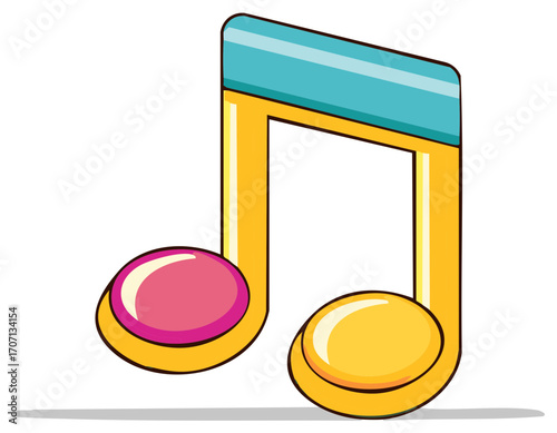 Stylized eighth note illustration in bold yellow and blue, musical theme concept, artistic cartoon vector