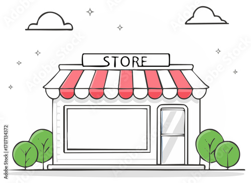 Charming cartoon storefront with a red striped awning and trees outside