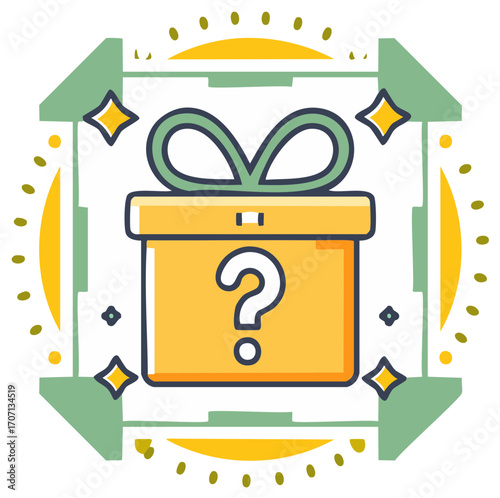 Colorful Surprise Gift Box with Question Mark and Decorative Square Frame
