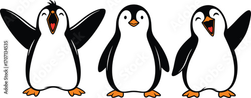 Cute cartoon penguins illustration, happy dancing penguins characters with expressive faces, isolated on white background, ideal for kids, holidays, winter designs.