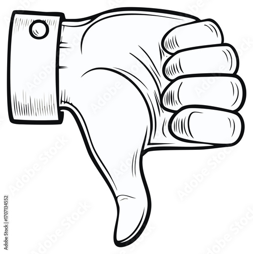 Cartoon Hand with Thumb Down Gesture in Black and White, Disapproval, Dislike Illustration
