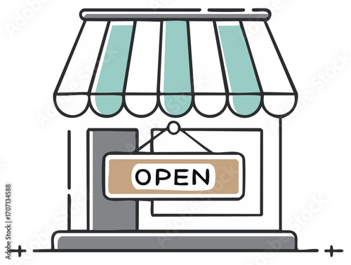Charming Storefront Illustration with Open Sign, inviting and minimalist design for business and retail applications