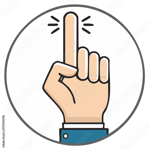 Stylized human hand pointing index finger upwards with sparkles inside circle, instruction or idea concept