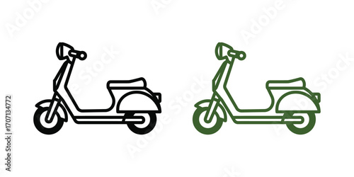 Two scooters isolated on white background, vintage italian motorbikes with classic design, perfect for urban transport and a touch of retro style in minimalist line art