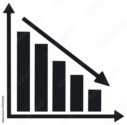 Declining bar chart with downward trend line, showing decrease and financial loss