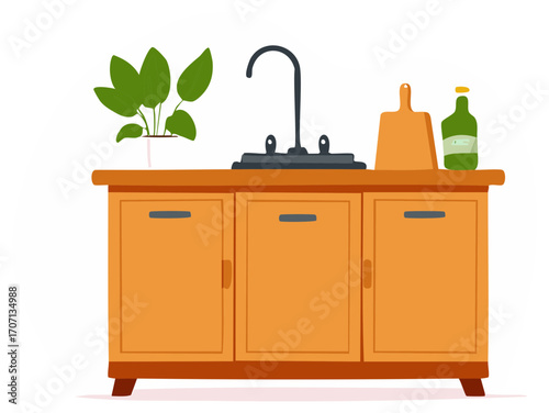 Kitchen Sink Cabinet with Faucet, Plant, Cutting Board, and Glass Bottle on Top